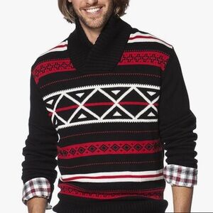 Chaps Ralph Lauren Nordic Inspired Shaw Collar Pullover Sweater Red Black Preppy